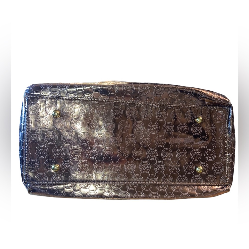 Michael Kors MK Monogrammed Shiny Gold Metallic Large Duffel Tote Purse Bag - Picture 12 of 14